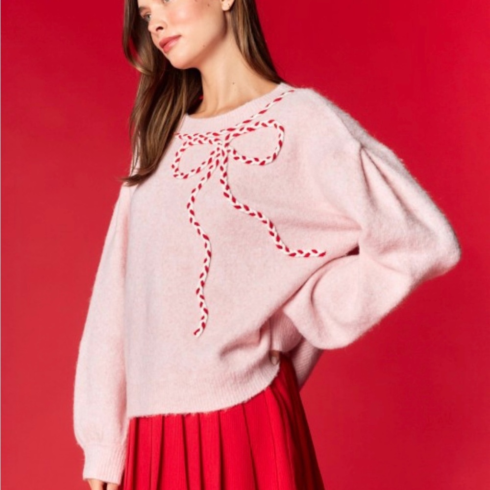 Rareraw Sweater in Pink with Candy Cane Bow. Recycled Finer Blend. NWT - Picture 13 of 16